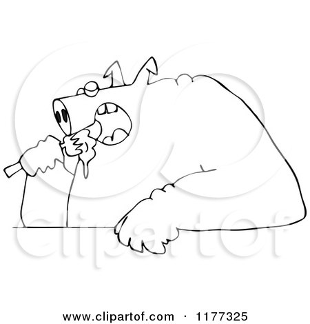 Cartoon of an Outlined Fat Pig Shoving Food into His Mouth - Royalty Free Vector Clipart by djart