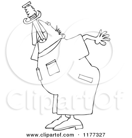 Cartoon of an Outlined Worker Man Practicing Sword Swallowing - Royalty Free Vector Clipart by djart
