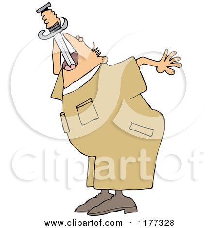 Cartoon of a Worker Man Practicing Sword Swallowing - Royalty Free Vector Clipart by djart