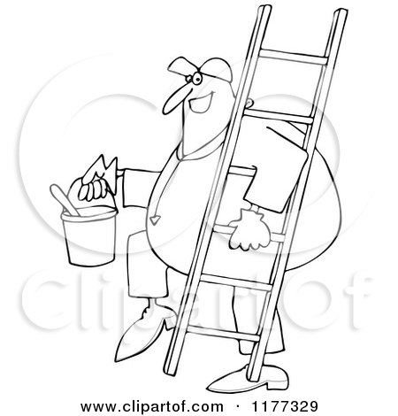 Cartoon of an Outlined Happy Painter Worker Carrying a Ladder and Bucket - Royalty Free Vector Clipart by djart