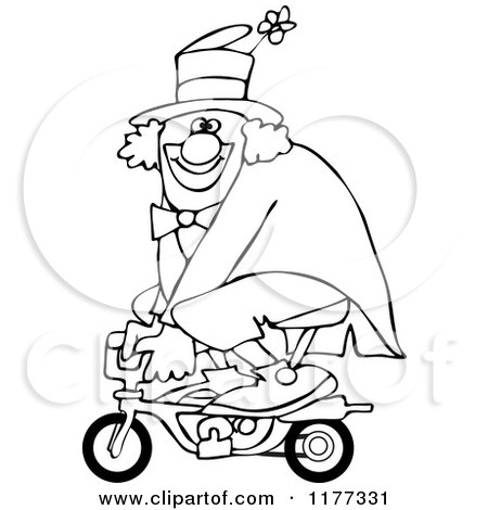 Cartoon of an Outlined Circus Clown Riding a Mini Bike - Royalty Free Vector Clipart by djart