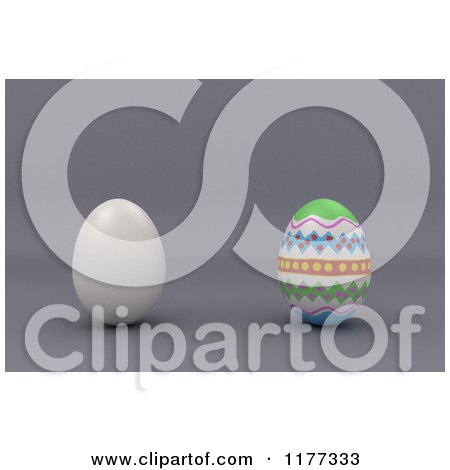 Clipart of a 3d Plain Egg by a Decorated Easter Egg, on Gray - Royalty Free CGI Illustration by stockillustrations