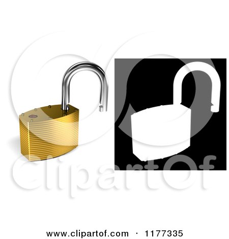 Clipart of a 3d Unlocked Gold Padlock with Alpha Mask - Royalty Free CGI Illustration by stockillustrations