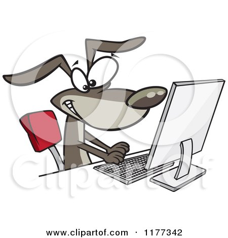 Cartoon of a Happy Dog Typing at a Computer - Royalty Free Vector Clipart by toonaday