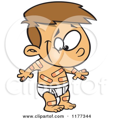 Cartoon of a Happy Boy Covered in Boo Boo Bandages - Royalty Free Vector Clipart by toonaday