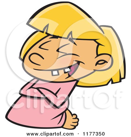 Cartoon of a Girl Laughing and Kneeling in Prayer - Royalty Free Vector Clipart by toonaday