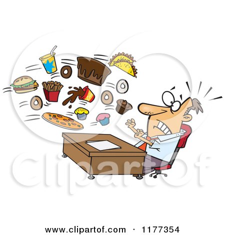 Cartoon of a Businessman Being Bombarded with Junk Food at the Office - Royalty Free Vector Clipart by toonaday