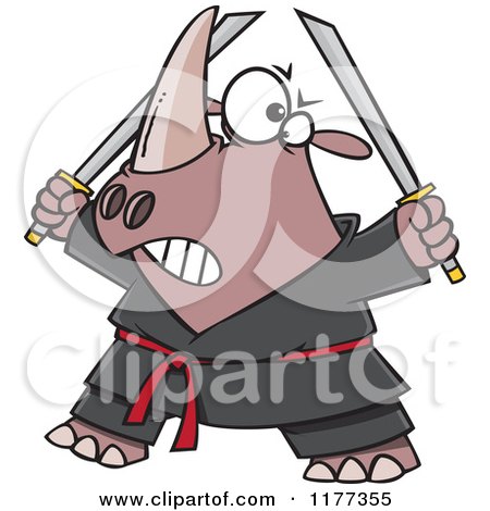 Cartoon of a Ninja Rhino Holding Swords - Royalty Free Vector Clipart by toonaday