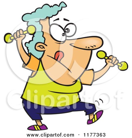Cartoon of a Fit Granny Doing Zumba with Dumbbells - Royalty Free Vector Clipart by toonaday