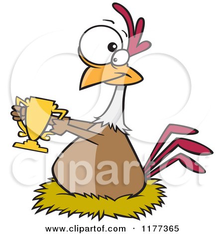 Cartoon of a Prized Chicken Holding a Golden Trophy - Royalty Free Vector Clipart by toonaday