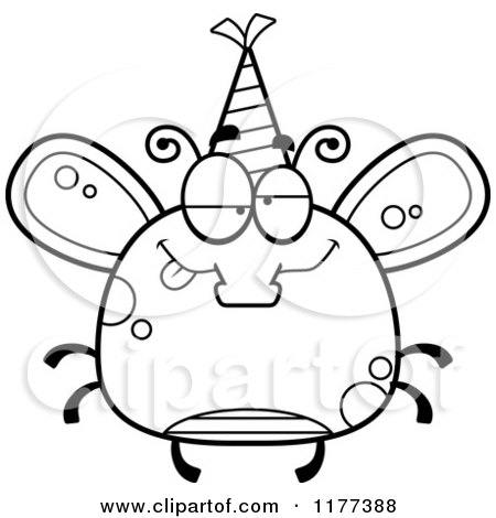 Cartoon of a Black And White Drunk Birthday Fly Wearing a Party Hat - Royalty Free Vector Clipart by Cory Thoman