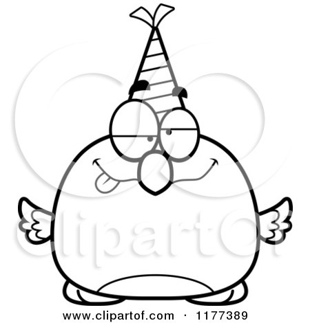 Cartoon of a Black And White Drunk Birthday Bird Wearing a Party Hat - Royalty Free Vector Clipart by Cory Thoman