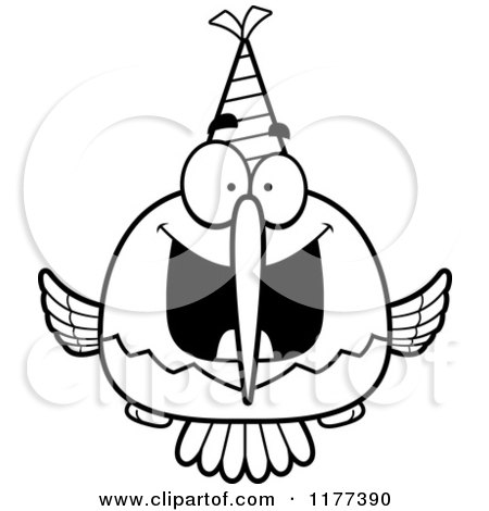 Cartoon of a Black And White Happy Birthday Hummingbird Wearing a Party Hat - Royalty Free Vector Clipart by Cory Thoman