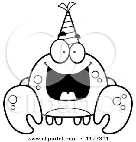 Cartoon of a Black And White Happy Birthday Crab Wearing a Party Hat - Royalty Free Vector Clipart by Cory Thoman
