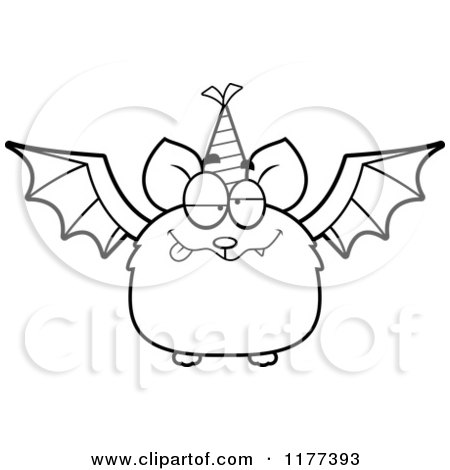 Cartoon of a Black And White Drunk Birthday Bat Wearing a Party Hat - Royalty Free Vector Clipart by Cory Thoman