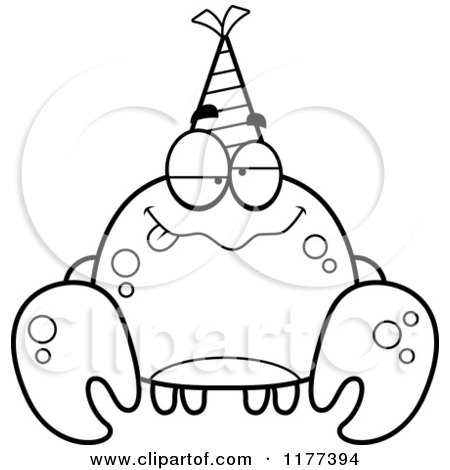 Cartoon of a Black And White Drunk Birthday Crab Wearing a Party Hat - Royalty Free Vector Clipart by Cory Thoman