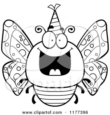 Cartoon of a Black And White Happy Birthday Butterfly Wearing a Party Hat - Royalty Free Vector Clipart by Cory Thoman