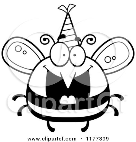 Cartoon of a Black And White Happy Birthday Bee Wearing a Party Hat - Royalty Free Vector Clipart by Cory Thoman