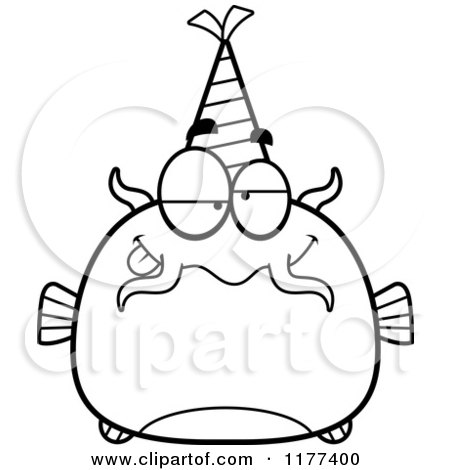 Cartoon of a Black And White Drunk Birthday Catfish Wearing a Party Hat - Royalty Free Vector Clipart by Cory Thoman
