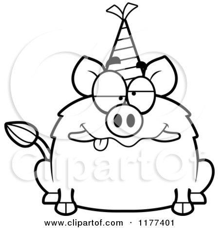 Cartoon of a Black And White Drunk Birthday Boar Wearing a Party Hat - Royalty Free Vector Clipart by Cory Thoman