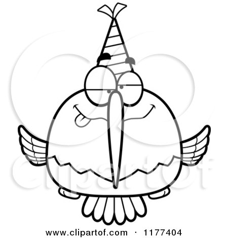 Cartoon of a Black And White Drunk Birthday Hummingbird Wearing a Party Hat - Royalty Free Vector Clipart by Cory Thoman