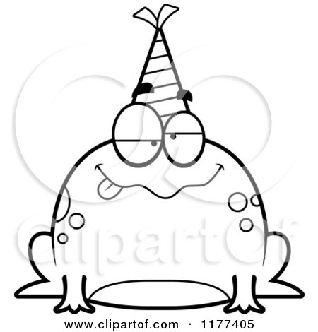 Cartoon of a Black And White Drunk Birthday Frog Wearing a Party Hat - Royalty Free Vector Clipart by Cory Thoman