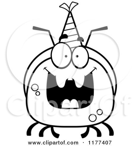 Cartoon of a Black And White Happy Birthday Ant Wearing a Party Hat - Royalty Free Vector Clipart by Cory Thoman