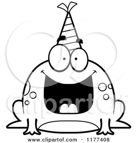 Cartoon of a Black And White Happy Birthday Frog Wearing a Party Hat - Royalty Free Vector Clipart by Cory Thoman