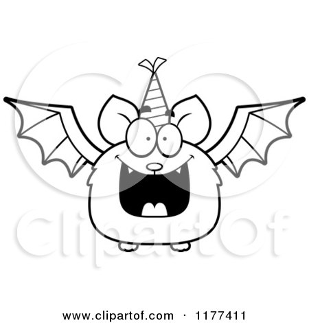 Cartoon of a Black And White Happy Birthday Bat Wearing a Party Hat - Royalty Free Vector Clipart by Cory Thoman