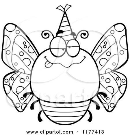 Cartoon of a Black And White Drunk Birthday Butterfly Wearing a Party Hat - Royalty Free Vector Clipart by Cory Thoman