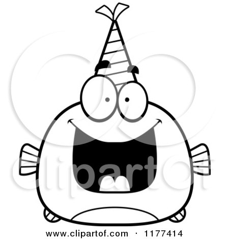 Cartoon of a Black And White Happy Birthday Fish Wearing a Party Hat - Royalty Free Vector Clipart by Cory Thoman