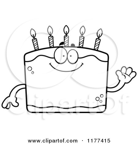 Cartoon of a Black And White Waving Birthday Cake Mascot - Royalty Free Vector Clipart by Cory Thoman