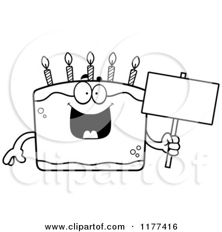 Cartoon of a Black And White Happy Birthday Cake Mascot Holding a Sign - Royalty Free Vector Clipart by Cory Thoman