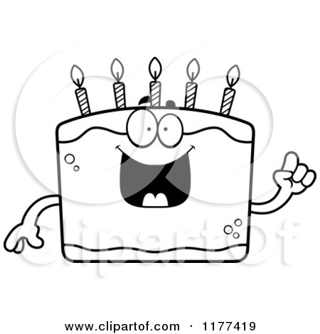 Cartoon of a Black And White Smart Birthday Cake Mascot with an Idea - Royalty Free Vector Clipart by Cory Thoman
