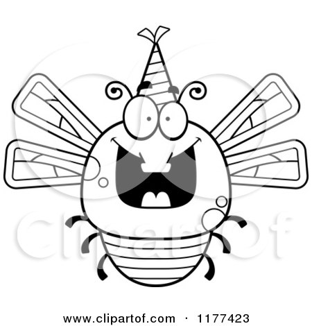 Cartoon of a Black And White Happy Birthday Dragonfly Wearing a Party Hat - Royalty Free Vector Clipart by Cory Thoman