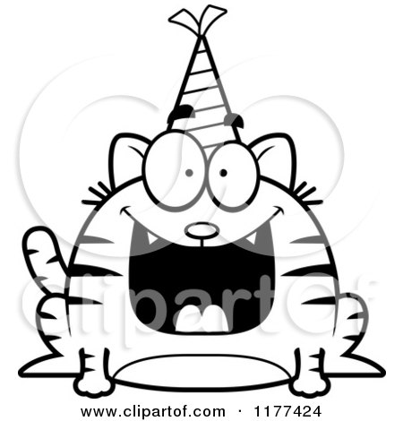 Cartoon of a Black And White Happy Birthday Cat Wearing a Party Hat - Royalty Free Vector Clipart by Cory Thoman