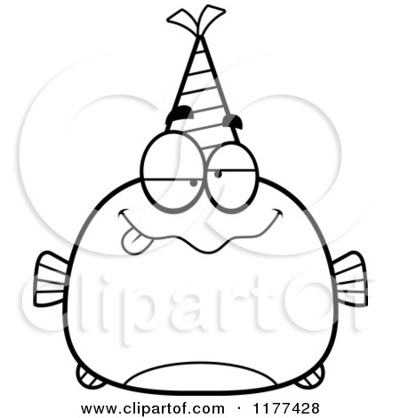 Cartoon of a Black And White Drunk Birthday Fish Wearing a Party Hat - Royalty Free Vector Clipart by Cory Thoman