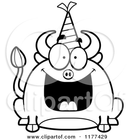 Cartoon of a Black And White Happy Birthday Bull Wearing a Party Hat - Royalty Free Vector Clipart by Cory Thoman
