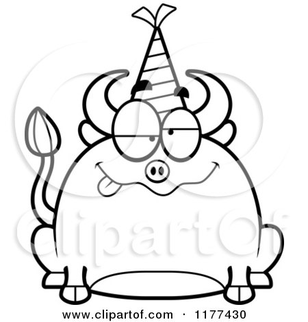 Cartoon of a Black And White Drunk Birthday Bull Wearing a Party Hat - Royalty Free Vector Clipart by Cory Thoman