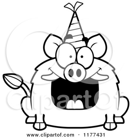 Cartoon of a Black And White Happy Birthday Boar Wearing a Party Hat - Royalty Free Vector Clipart by Cory Thoman