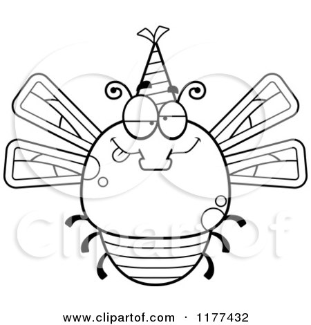 Cartoon of a Black And White Drunk Birthday Dragonfly Wearing a Party Hat - Royalty Free Vector Clipart by Cory Thoman