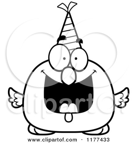 Cartoon of a Black And White Happy Birthday Chick Wearing a Party Hat - Royalty Free Vector Clipart by Cory Thoman