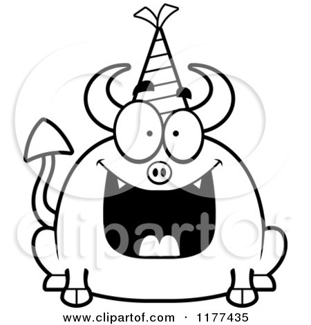 Cartoon of a Black And White Happy Birthday Devil Wearing a Party Hat - Royalty Free Vector Clipart by Cory Thoman
