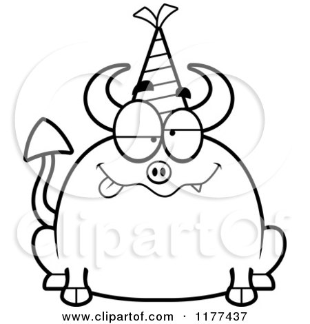 Cartoon of a Black And White Drunk Birthday Devil Wearing a Party Hat - Royalty Free Vector Clipart by Cory Thoman