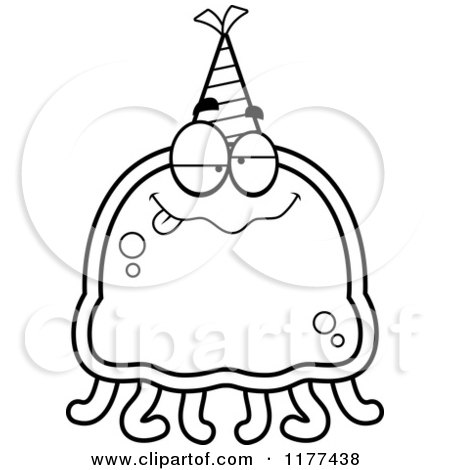 Cartoon of a Black And White Drunk Birthday Jellyfish Wearing a Party Hat - Royalty Free Vector Clipart by Cory Thoman
