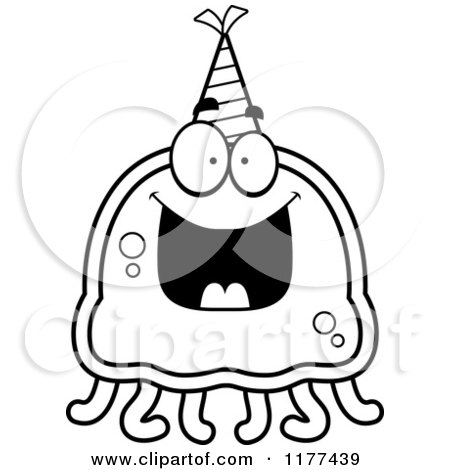Cartoon of a Black And White Happy Birthday Jellyfish Wearing a Party Hat - Royalty Free Vector Clipart by Cory Thoman