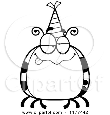 Cartoon of a Black And White Drunk Birthday Ladybug Wearing a Party Hat - Royalty Free Vector Clipart by Cory Thoman