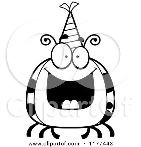 Cartoon of a Black And White Happy Birthday Ladybug Wearing a Party Hat - Royalty Free Vector Clipart by Cory Thoman