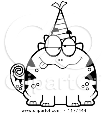 Cartoon of a Black And White Drunk Birthday Lizard Wearing a Party Hat - Royalty Free Vector Clipart by Cory Thoman