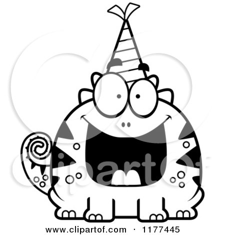 Cartoon of a Black And White Happy Birthday Lizard Wearing a Party Hat - Royalty Free Vector Clipart by Cory Thoman